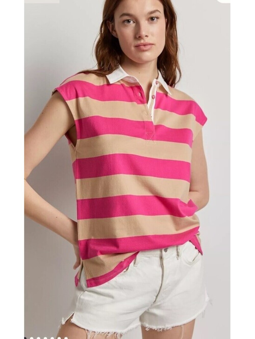 NWT Maeve Anthropologie Porter Pink & Tan Stripe Polo Top. Size XS Retail $68